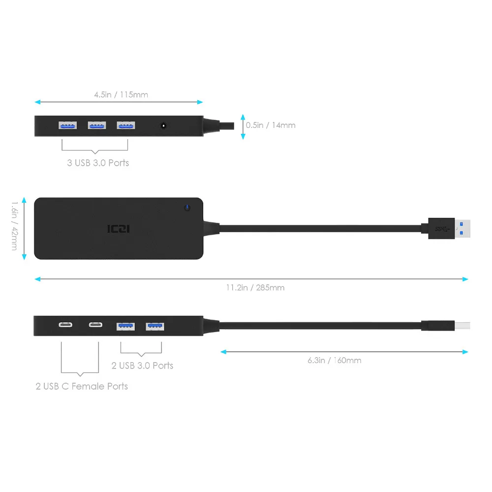 ICZI USB 3.0 المحور نوع C/F * 2 منافذ + 5 * USB 3.0 الموانئ + DC الطاقة إمدادات لنقل البيانات Hub لأجهزة الكمبيوتر المحمولة ماك الأسود