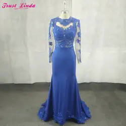 2018 Дизайн Высокая шея Русалка платья для мам Королевский синий атласные аппликации хрустальные Платья для вечеринок длинный халат De Soiree