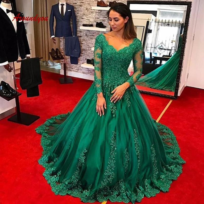 

Emerald Green Long Sleeve Lace Evening Dresses Party Plus Size Sexy Women Ladies Prom Formal Dresses Evening Gown