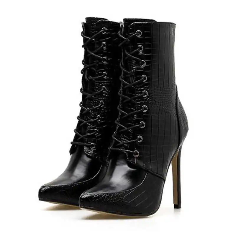 Women Ankle Spring/Autumn Boots PU Leather Pattern Pointed Toe Lace Up Thin High Heels Shoes Sexy Fashion Chelsea Boots