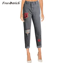 Свободные джинсовые штаны из страуса,, свободные рваные женские Джинсы бойфренда, негабаритные прямые женские брюки с вышитыми розами и дырками, 4243