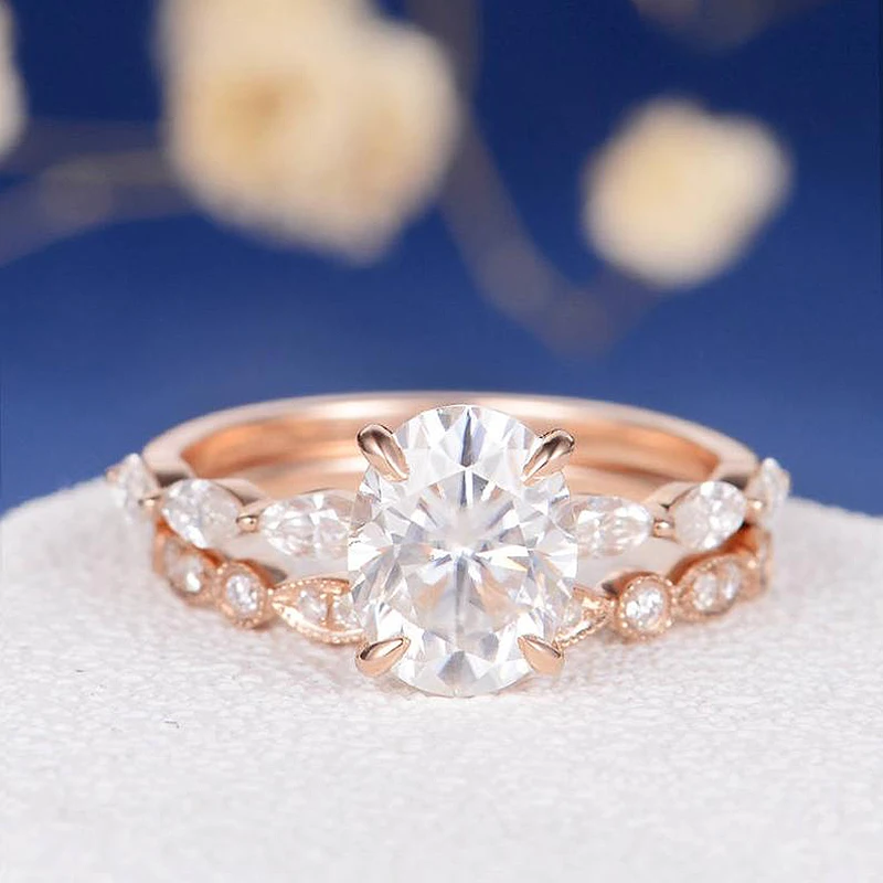 18K розовое золото Moissanite свадебные наборы обручальное кольцо набор центр 1ct овальная огранка боковая маркиза обручальное кольцо женский деко вечность 2 шт