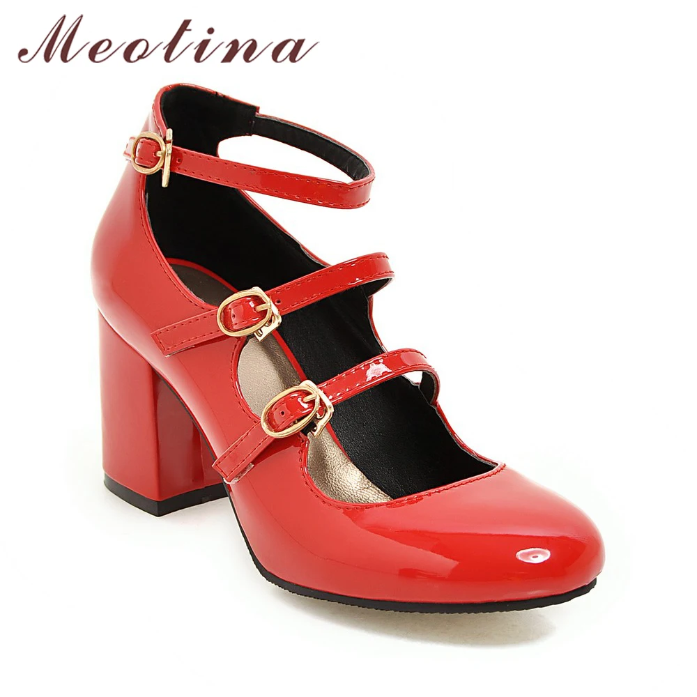 Meotina/ весенняя обувь; женские туфли-лодочки Mary Jane на Высоком толстом каблуке с пряжкой; обувь для вечеринок; женская обувь с круглым носком; цвет черный, красный; размеры 34-39