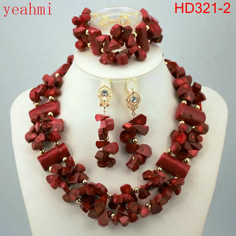 Прекрасный цвет золотистый африканские коралловые бусины комплект ювелирных изделий ожерелье Нигерийским бисером африканская бижутерия комплект HD322-1 - Окраска металла: HD321-2