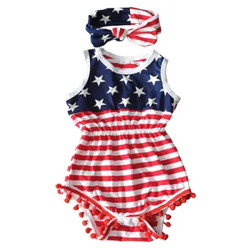 

Summer Baby Girls Clothes 2019 Cotton Baby Bodysuit American Pattern Tassel Balls With Headband For Newborns Baby Body Suits Hot