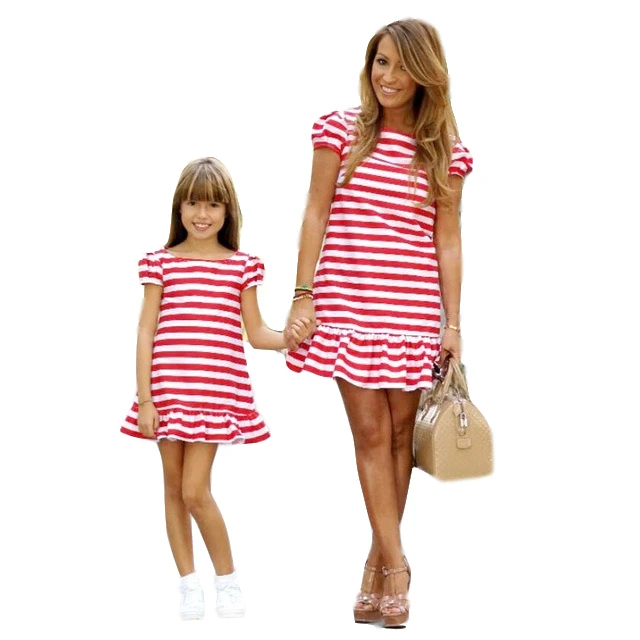 

Matching Family Clothing Fashion Red Striped Mother Daughter Dresses Summer Short Sleeve Mum Girls Casual Clothes Family Clothes