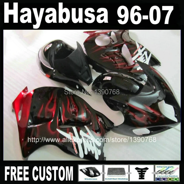

100% new fairing body kit for SUZUKI Hayabusa GSX 1300R 1996-2007 red flames in black bodywork fairings set GSX 1300R 96-07 FF6