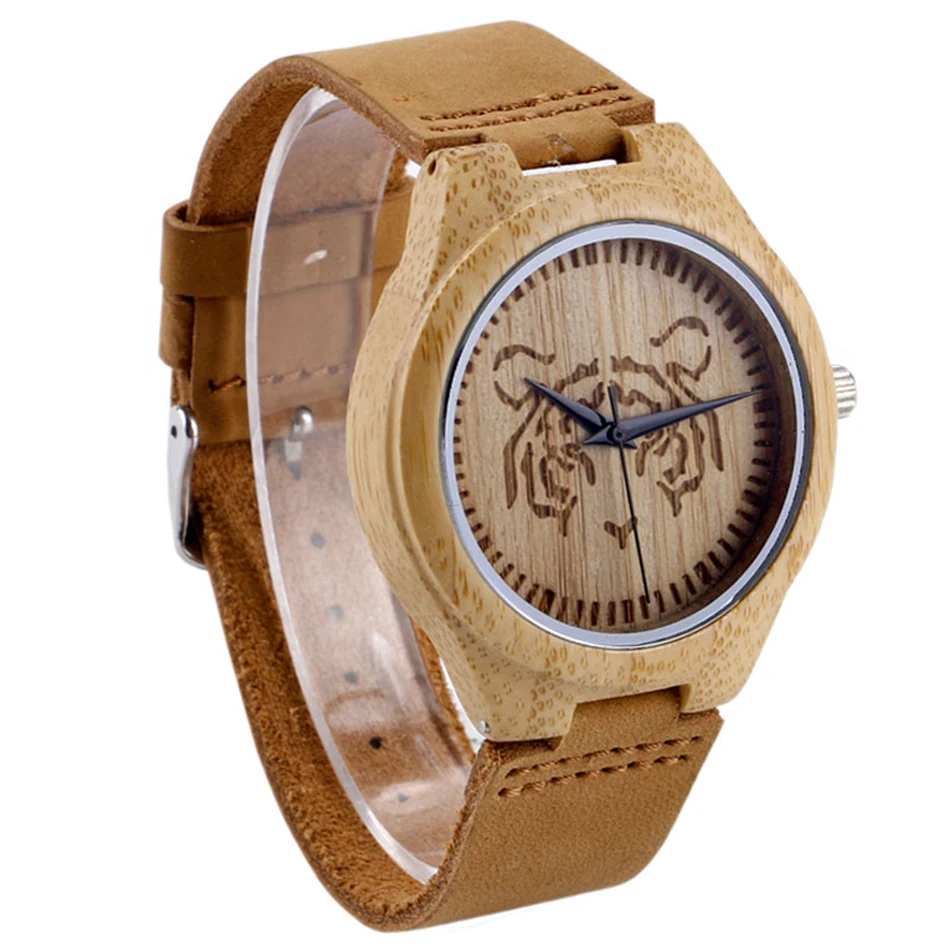 Creative Tiger Wooden Watch Quartz Fashion Men Bamboo Trendy Nature Wood Women Sport Genuine Leather Band Strap Reloj de madera 3