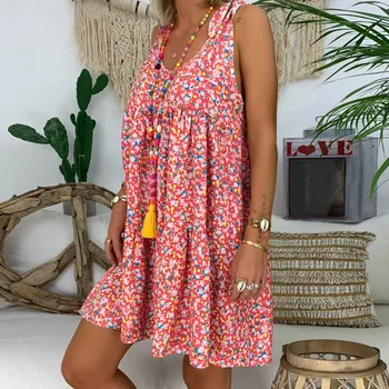 

feitong Women's Ladies Step Dress Vocational Casual Dress Loose Floral Print Sleeveless Bandage Mini Dress#35