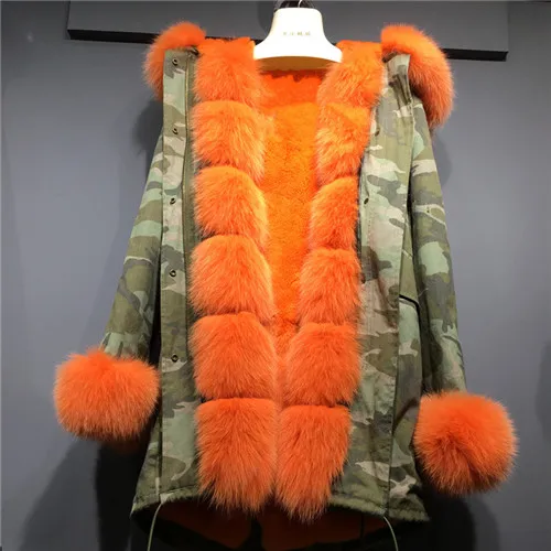 Зимняя парка из натурального меха, Женская длинная куртка, новая подкладка из натурального кроличьего меха, толстое пальто с большим воротником из лисьего меха, пальто с капюшоном, парка из натурального меха - Цвет: Orange     Camouflag