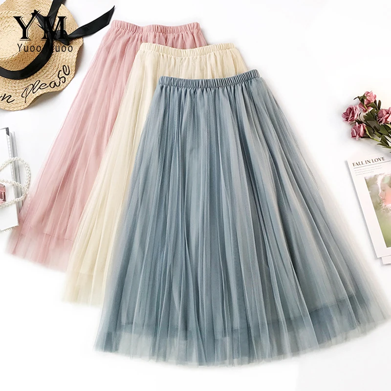 YuooMuoo новая плиссированная юбка с высокой талией, Женская Базовая кружевная юбка средней длины, Корейская женская Тюлевая юбка трапециевидной формы, сетчатая юбка-пачка