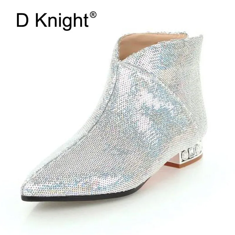 Plus Size 32-43 Women's Chelsea Boots Autumn Winter 2018 New Ankle Boots For Women Rhinestones Comfortable Sequins Ladies Shoes (10)
