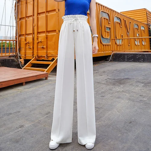 Белые шифоновые широкие брюки для женщин летние тонкие эластичные женские брюки с высокой талией и оборками корейский стиль Harajuku готические брюки - Цвет: Белый