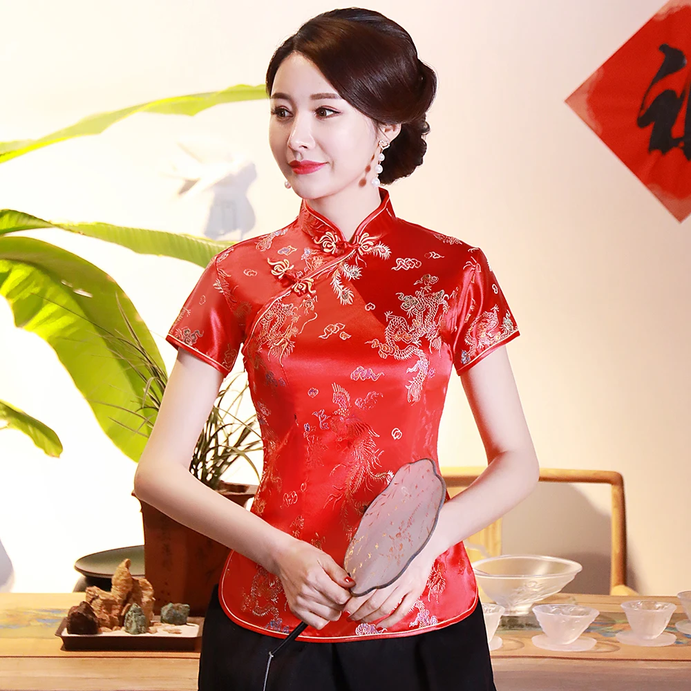 Dragon Phoenix Chinese National Women Blouse NEW Casual Summer Short Sleeve Shirt Tops Traditional Mandarin Collar Clothing exquisite dragon phoenix embroidery couple wedding dress elegant mandarin collar chinese marriage cheongsam свадебное платье