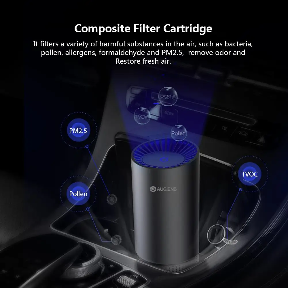 AUGIENB, мини автомобильный очиститель воздуха, отрицательные ионы, воздухоочиститель-ионизатор, освежитель воздуха, удаляет РМ2, 5, формальдегид, запах дыма, аллерген