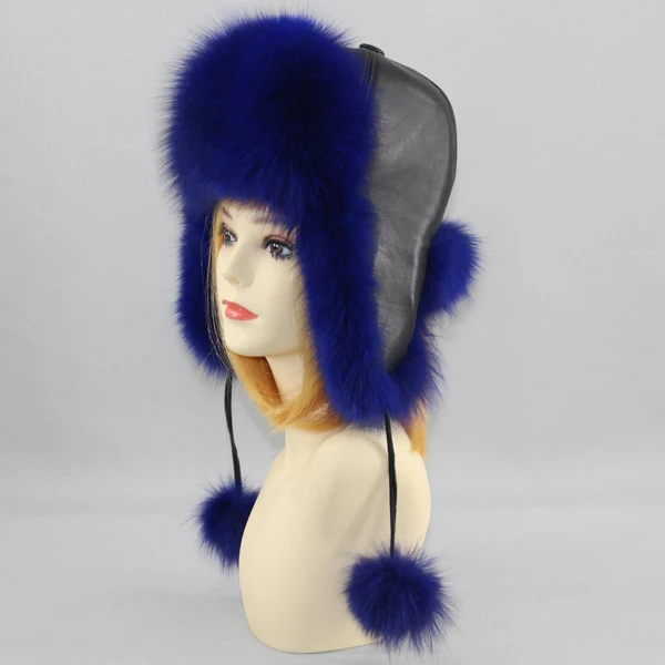 Hot Sale Natural Fox Fur Hat Women Thick Warm Real Fox Fur Cap Winter Fox Fur Bomber Hat Free Shipping - Цвет: blue