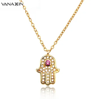 

VANAXIN Hamsa Hand Necklace Women Red Cubic Zirconia Evil Eye Collar Necklaces Amulet Trendy Jewelry Good Luck Gift For Girls