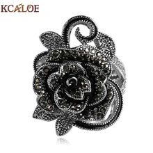 KCALOE Black Flower Rings For Women Crystal Cubic Zirconia Vintage Jewelry Silver Plated Rings Accessories Aneis Feminino Ring
