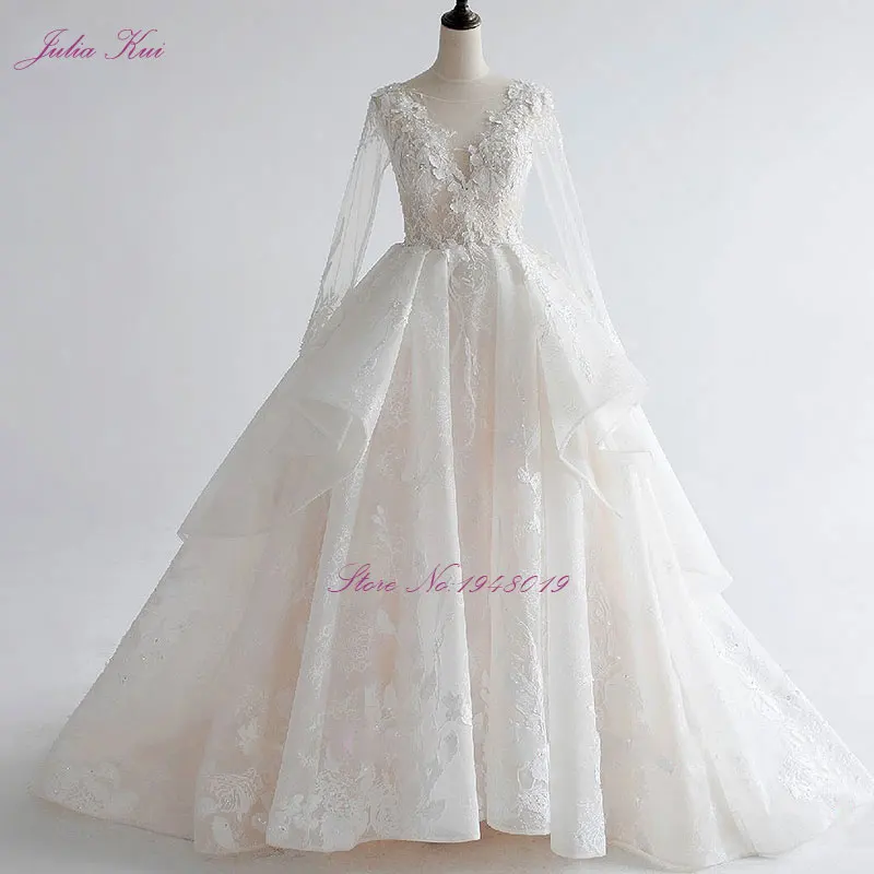 

Real Photos Ball Gown Pears Wedding Dress Scoop Neck Bridal Gown Full Sleeves Chapel Train Robe De Mariage Vestido De Novia