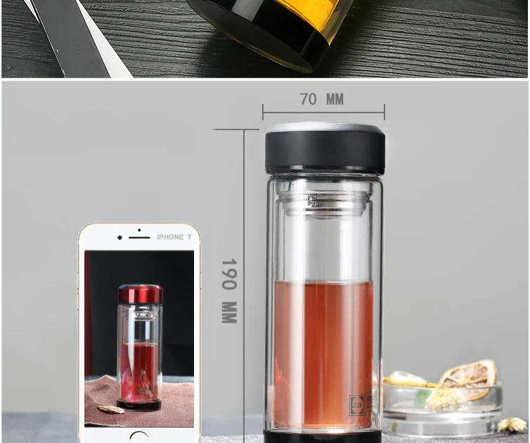 320ml 280ml Business Type Water Bottle Glass Bottle With Stainless Steel Tea Infuser Filter Double Wall Glass Sport Water Tumble