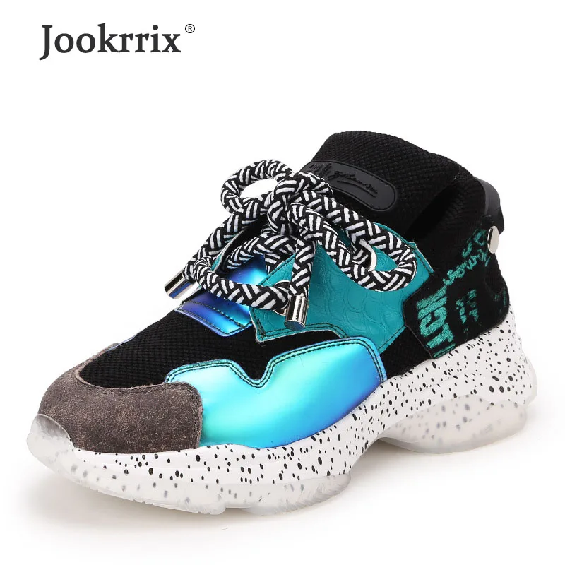 

Jookrrix 2019 Women Fashion Comfortable Chunky Shoes Lady Genuine Leather Sneakers Increased 5cm Wedges Thick Sole Girls