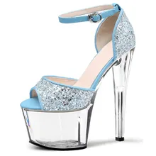 Туфли на очень высоком каблуке 17 см для ночного клуба; пикантная обувь на высоком каблуке для ночного клуба; яркие сандалии с кристаллами