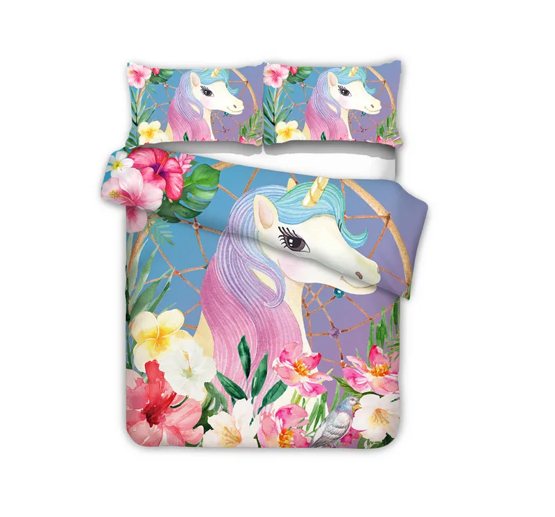  Cartoon Unicorn Printed Bedding Set Quilt Cover Duvet Cover Sets Bed Linen for Girls
