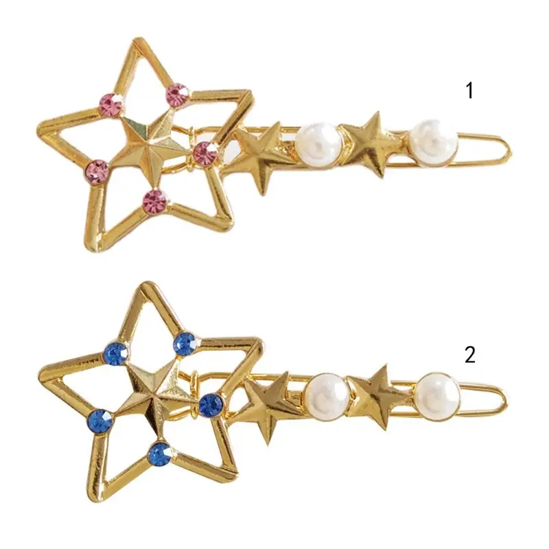 

Japanese Women Sweet Girls Polished Metallic Hair Clips Colored Rhinestone Hollow Pentagram Star Hairpins Side Bangs Barrettes
