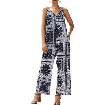 

Women summer Pocket Dot print Wide Leg pants Bohemian V neck Double Spaghetti Strap Loose Backless Jumpsuit Boho Romper