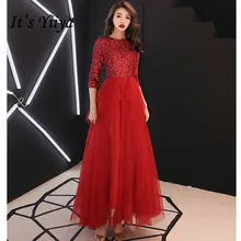 It's YiiYa Vestidos de Gala, длинные платья с красным блестками на молнии и круглым вырезом, женские вечерние облегающие тюлевые платья для выпускного вечера размера плюс E458