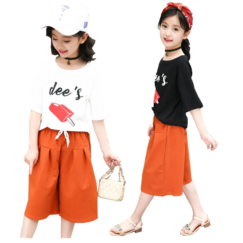 

Children Clothes Fashion Print T Shirt Wide-leg Pants Suit Summer Teenager for Girls Clothing Sets Kids Tracksuit for Girls Suit