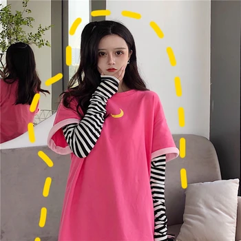 

Lychee Girls Moon Print Striped Patchwork Women Long T Shirt O Neck Long Sleeve Female T-shirt Spring Autumn Sweet Loose Tee Top