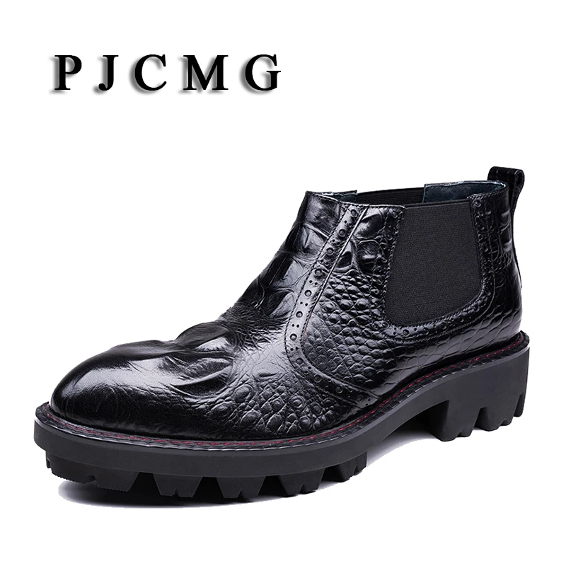 PJCMG/сезон весна-осень; цвет красный, черный; Мужская обувь из натуральной кожи с узором «крокодиловая кожа»; Водонепроницаемая Мужская обувь; полуботинки с эластичной лентой; модельные ботинки