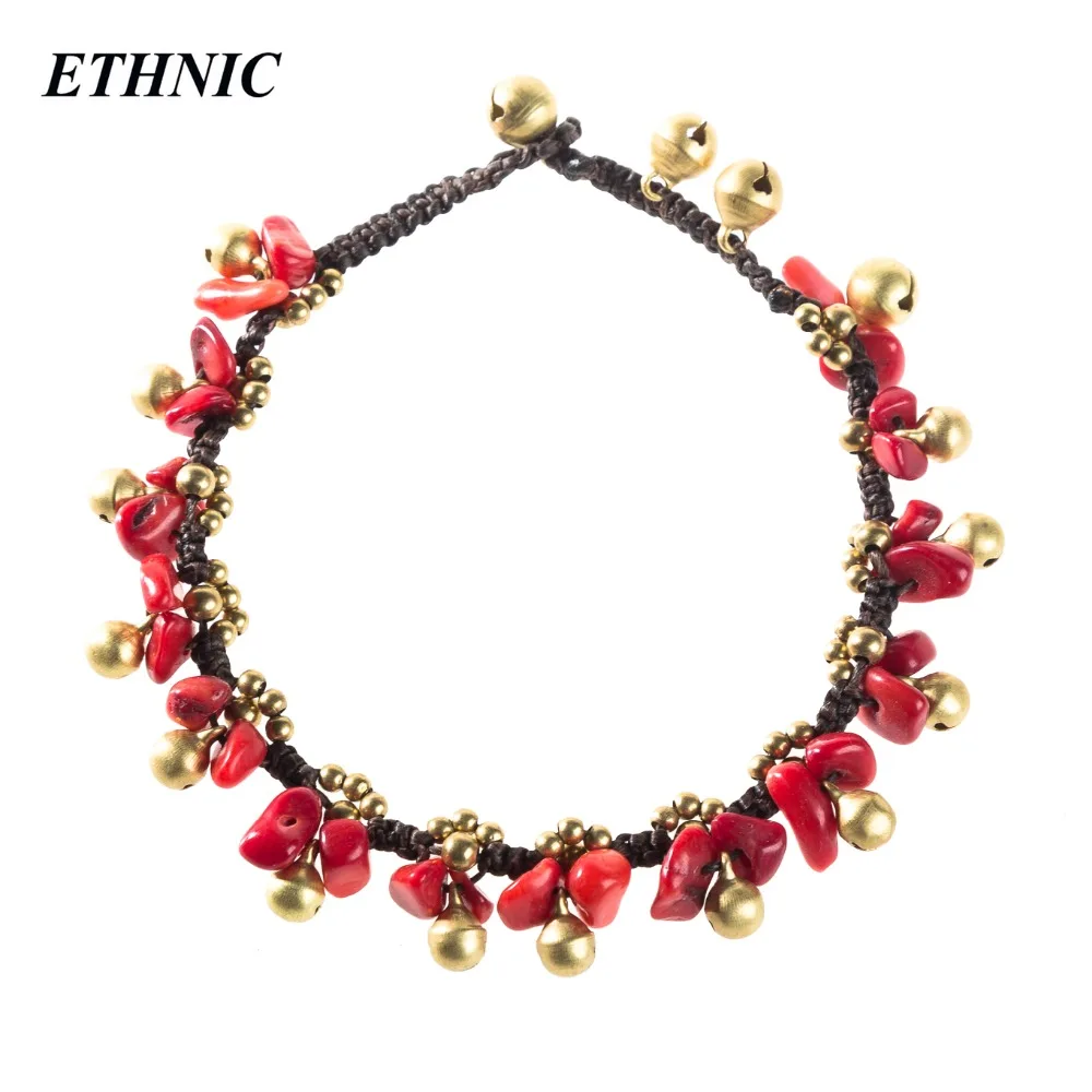 

2018 Handmade Red Bowknot Stone Beads Bell Charm Anklets for Women Beach Fashion Anklet Gold-color Beaded Chain On Foot