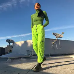 HOUZHOU Весна Новый 2019 неоновый зеленый брюки карго широкие брюки для женщин на молнии, с завышенной талией уличная Sweatpant Jogger Mujer свободные