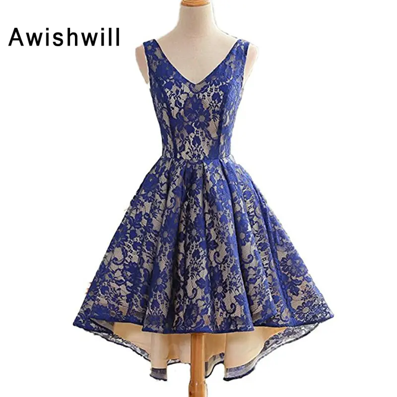 

Robe de Roiree Femme Real Photo Sleeveless V-neck Short Front Long Back Prom Dress Lace Dress Evening Party Gowns Cheap