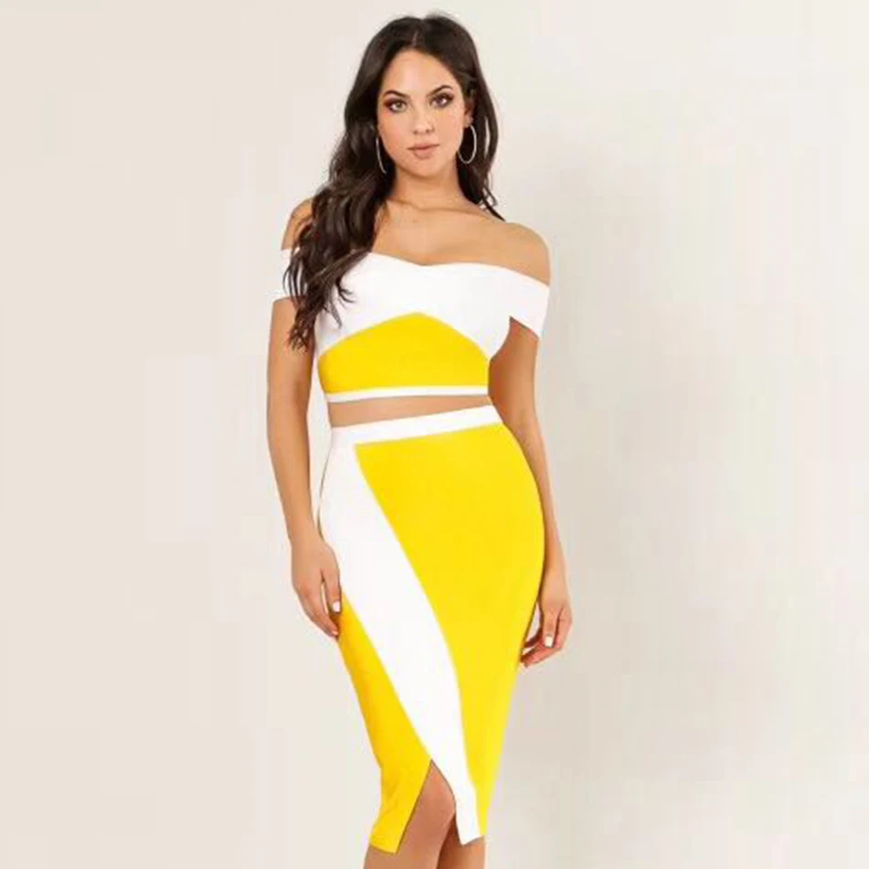 

ADYCE 2019 New Summer Bodycon Women Bandage Set Dress Two 2 Pieces Set Top&Skirts Off Shoulder Vestidos Evening Party Club Dress