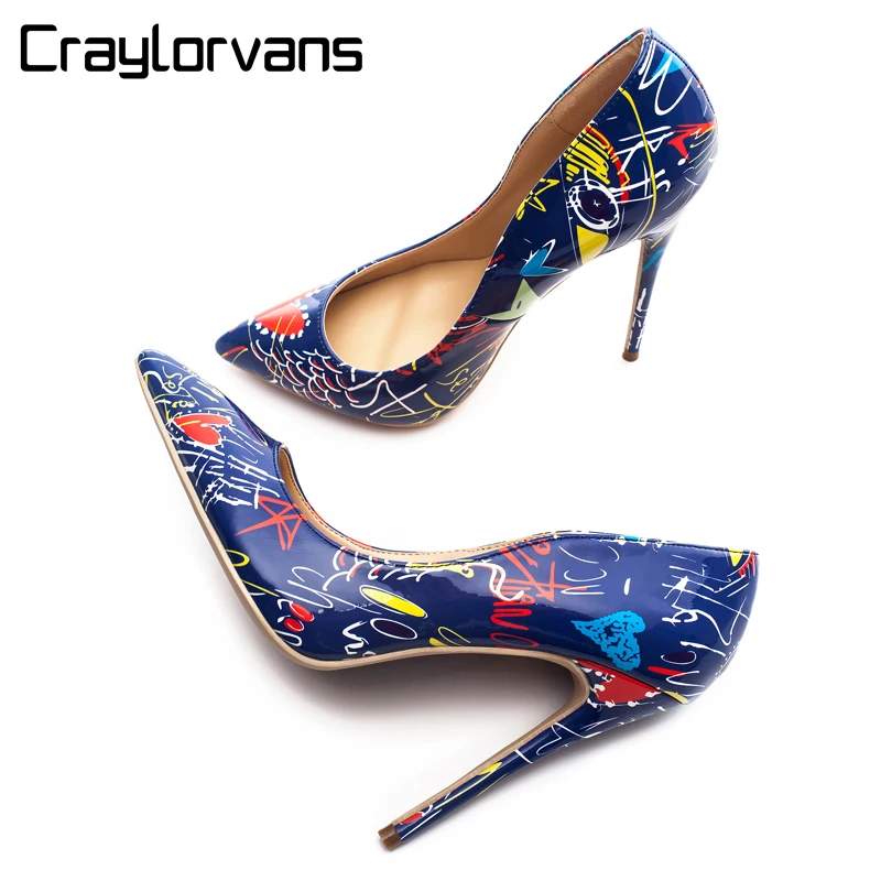 

Craylorvans 2018 Blue Graffiti Colorful Women Pumps Sexy Stiletto high heels Spring Wedding Party Women Shoes sapato feminino