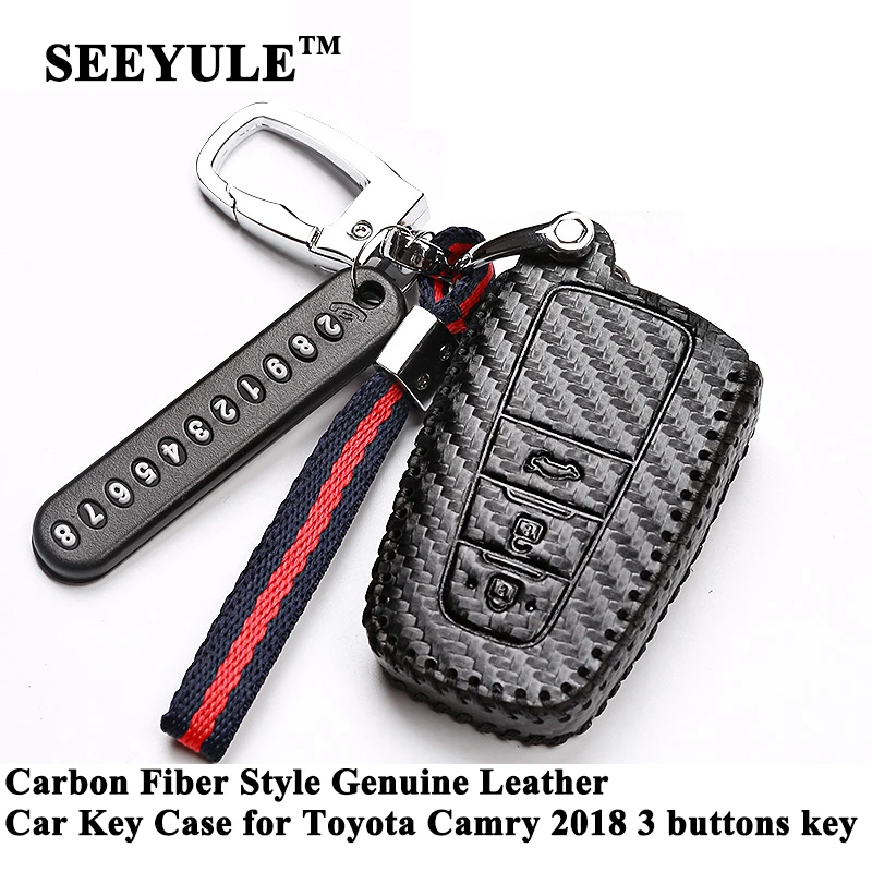 

1pc SEEYULE Carbon Fiber Style Car Key Case Cover Genuine Leather Shell Protector Styling Accessories for Toyota Camry 2018