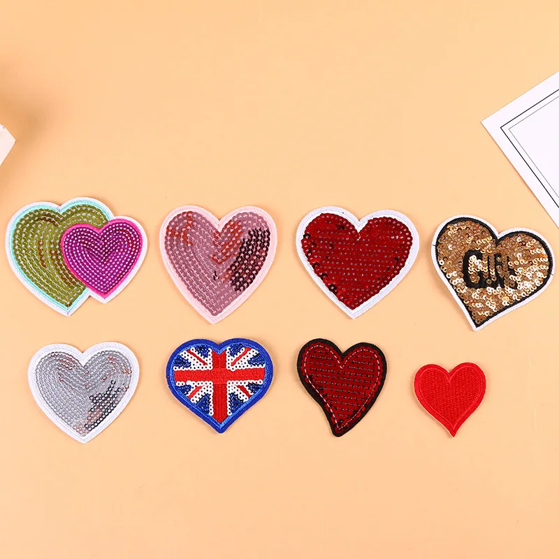 

10pcs DIY 3D Handmade Eco-Friendly Wholesale Sequins Embroidery Cloth Stickers Heart Patch Iron on Transfers for Clothing