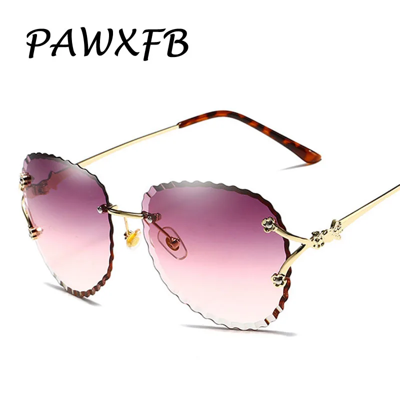 

PAWXFB 2019 Rimless Gradient Sunglasses Women Luxury Brand Designer Oversized Sun Glasses Ladies Ocean Lens Shades Clear Eyewear