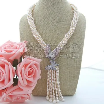 

N090503 18'' 6 Strands White Pearl Necklace CZ Pendant