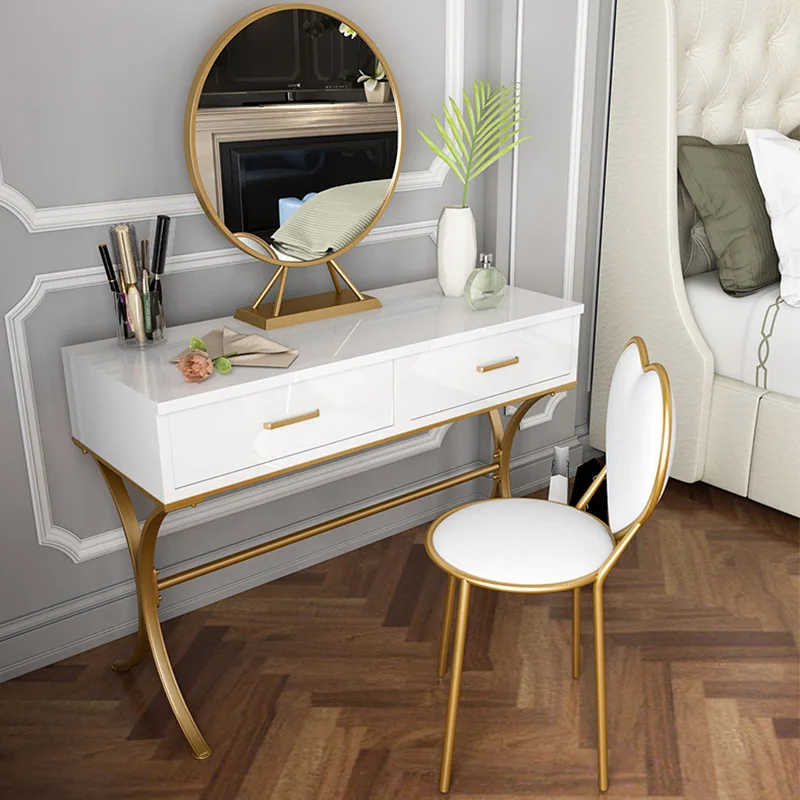 

Women Princess Girl White Golden EU Iron Makeup Dresser Chiar Mirror Table Set Home Bedroom Dinner Wedding Party Stool Furniture