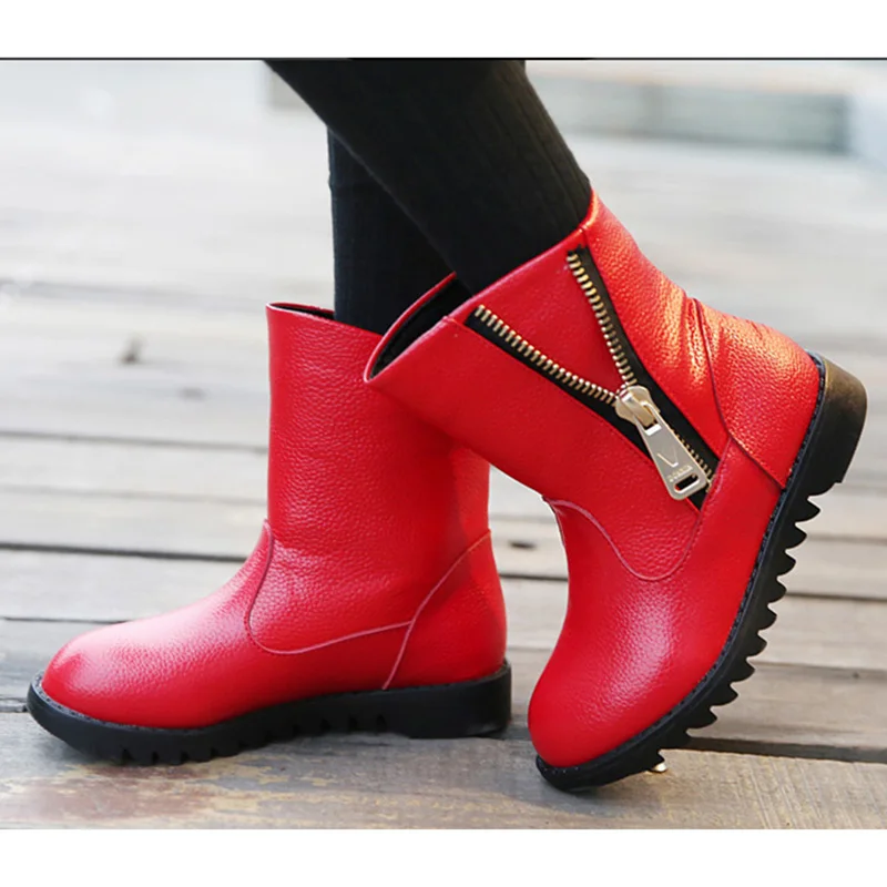 Новинка, осенняя и зимняя обувь для девочек Винтаж Европа Стиль модные детские ботинки на толстой подошве низкие зимние сапоги на молнии XL619