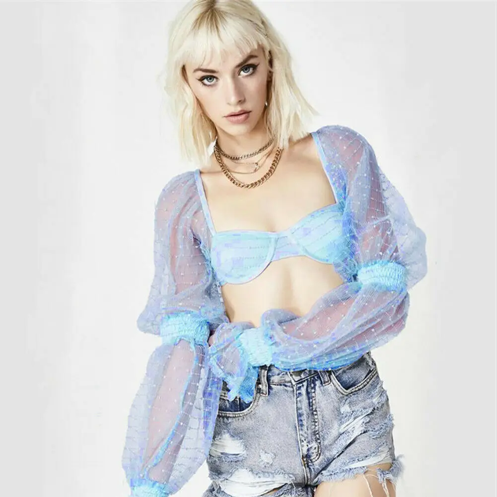 

New Women Girls Fashion Casual Chic Blouse Mesh Net Long Sleeve Solid Blouse Party Clubwear
