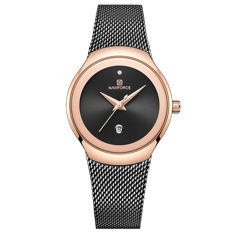 Топовые брендовые роскошные женские часы NAVIFORCE, модные кварцевые дамские часы, повседневные сетчатые часы из нержавеющей стали для девочек, Relogio Feminino - Цвет: Gold Black