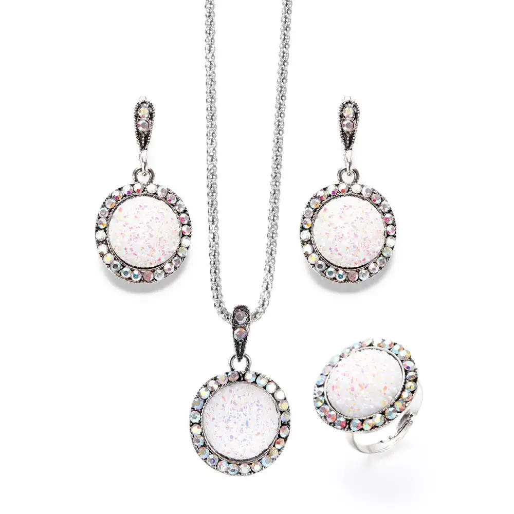 amazing price Vintage Gem Jewelry Set Fashion Women Jewelry Set Antique Silver Broken Stone Round Stone Pendant Necklace Sets - Окраска металла: F1293