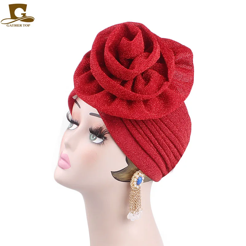 

New Big Flower Headband Women Bright Muslim Turban India Cap red purple colors Wedding Party Hair Lose Head Wraps Accessories