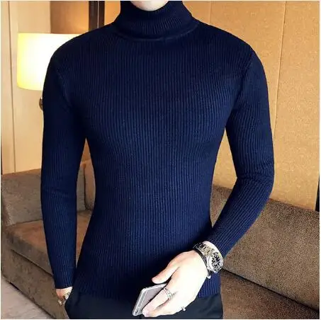 В полоску; с высоким, плотно облегающим шею воротником Для мужчин свитера шерстяной пуловер, свитер мужской больших размеров с высоким воротом; Для мужчин мужской Молодежный пуловер Джемпер корейский стиль белый - Цвет: Синий