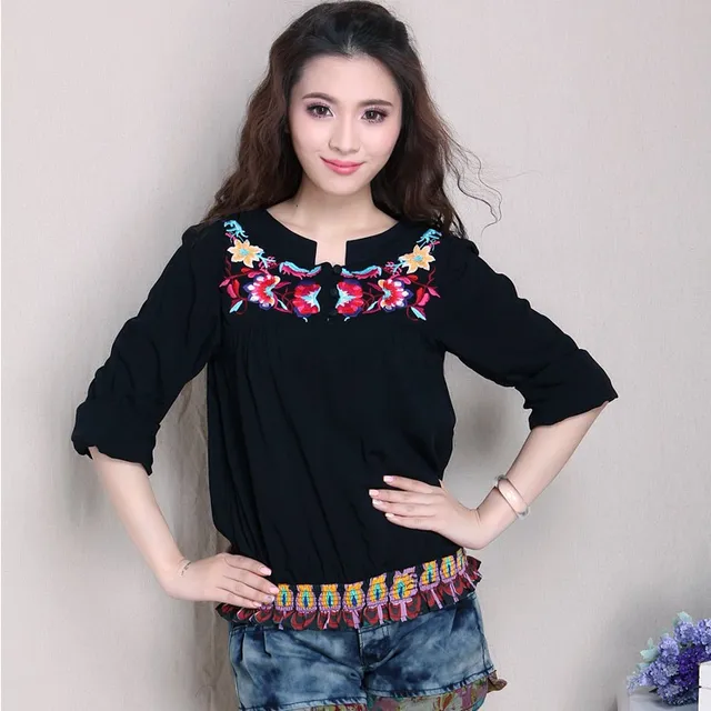 2016 Women Mexican Peasant Blouse Vintage Ethnic Tunic Boho Hippie